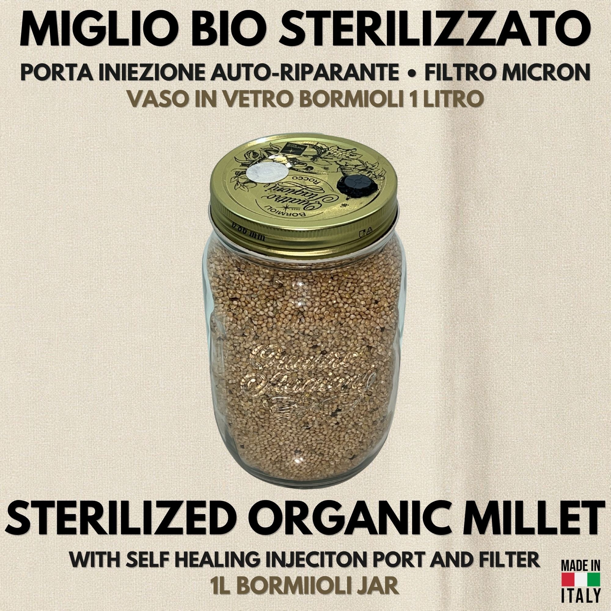 Organic Millet Spawn Jar 1L - Sterilized Mycology Grain with Injection Port