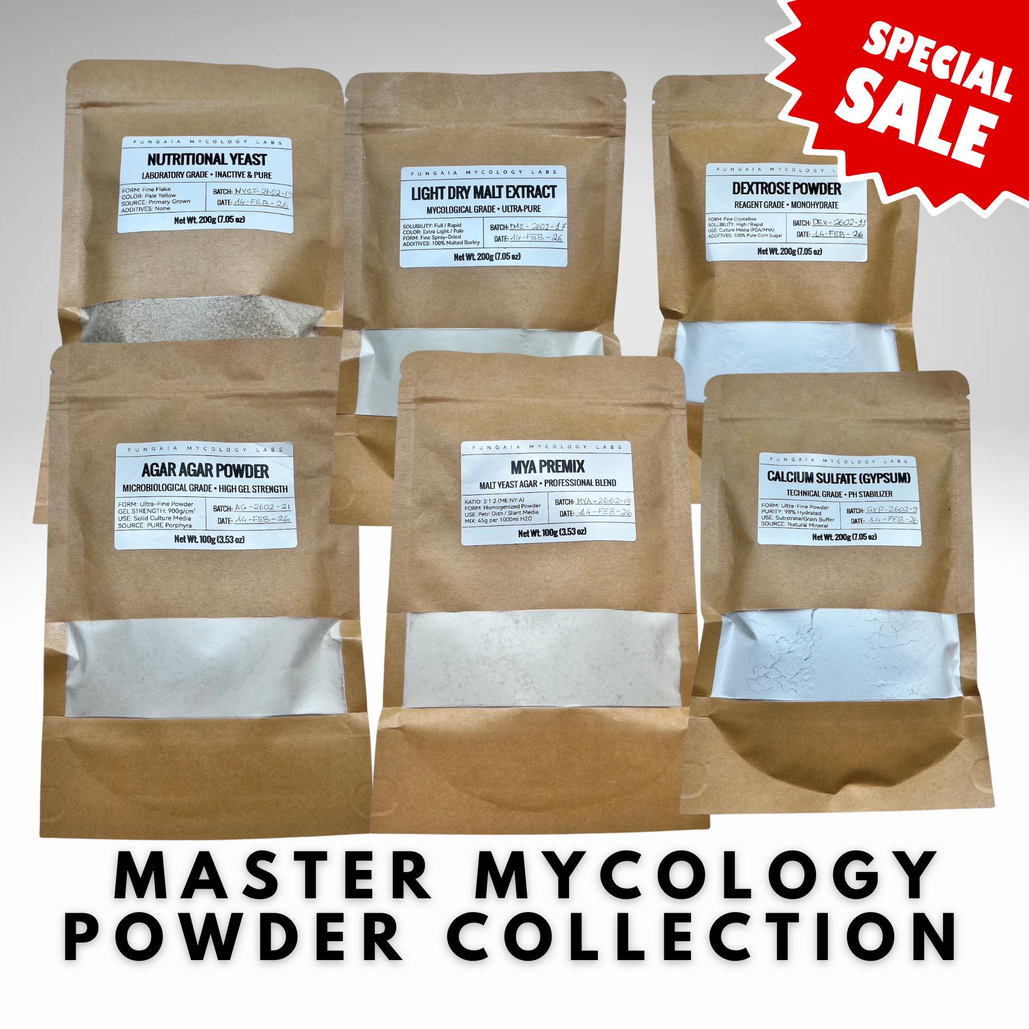 Collezione Master Polveri Micologia Set 6 Pack Terreni da Laboratorio Agar e Coltura Liquida