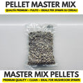 Dry master mix pellets of hardwood and soy hulls
