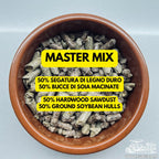 Dry master mix pellets of hardwood and soy hulls