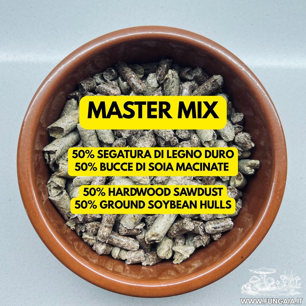 Dry master mix pellets of hardwood and soy hulls
