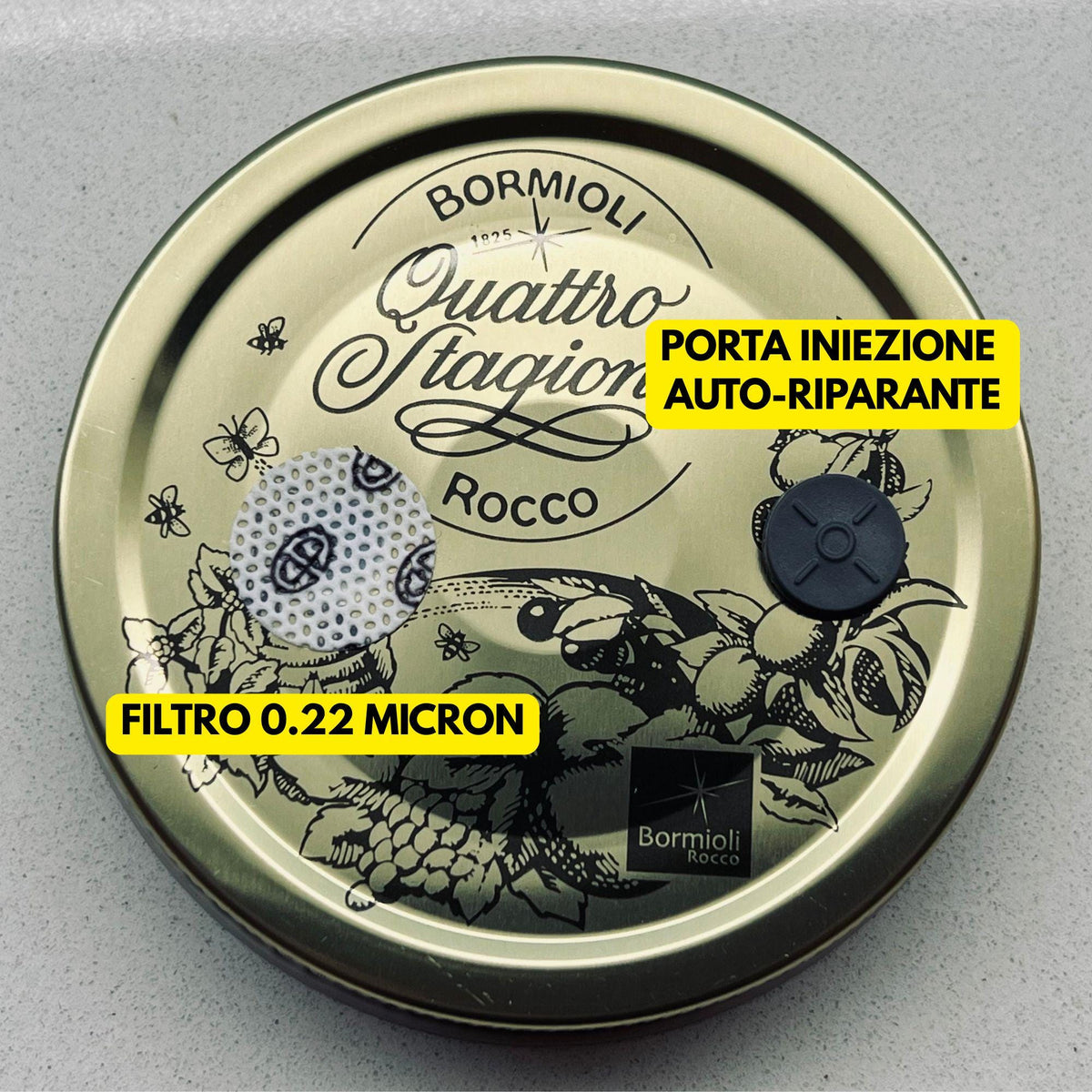 Empty autoclavable Bormioli jar with injection port and 0.22 micron filter