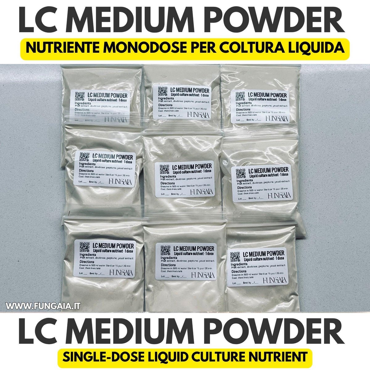 Single-dose liquid culture medium powder sachets